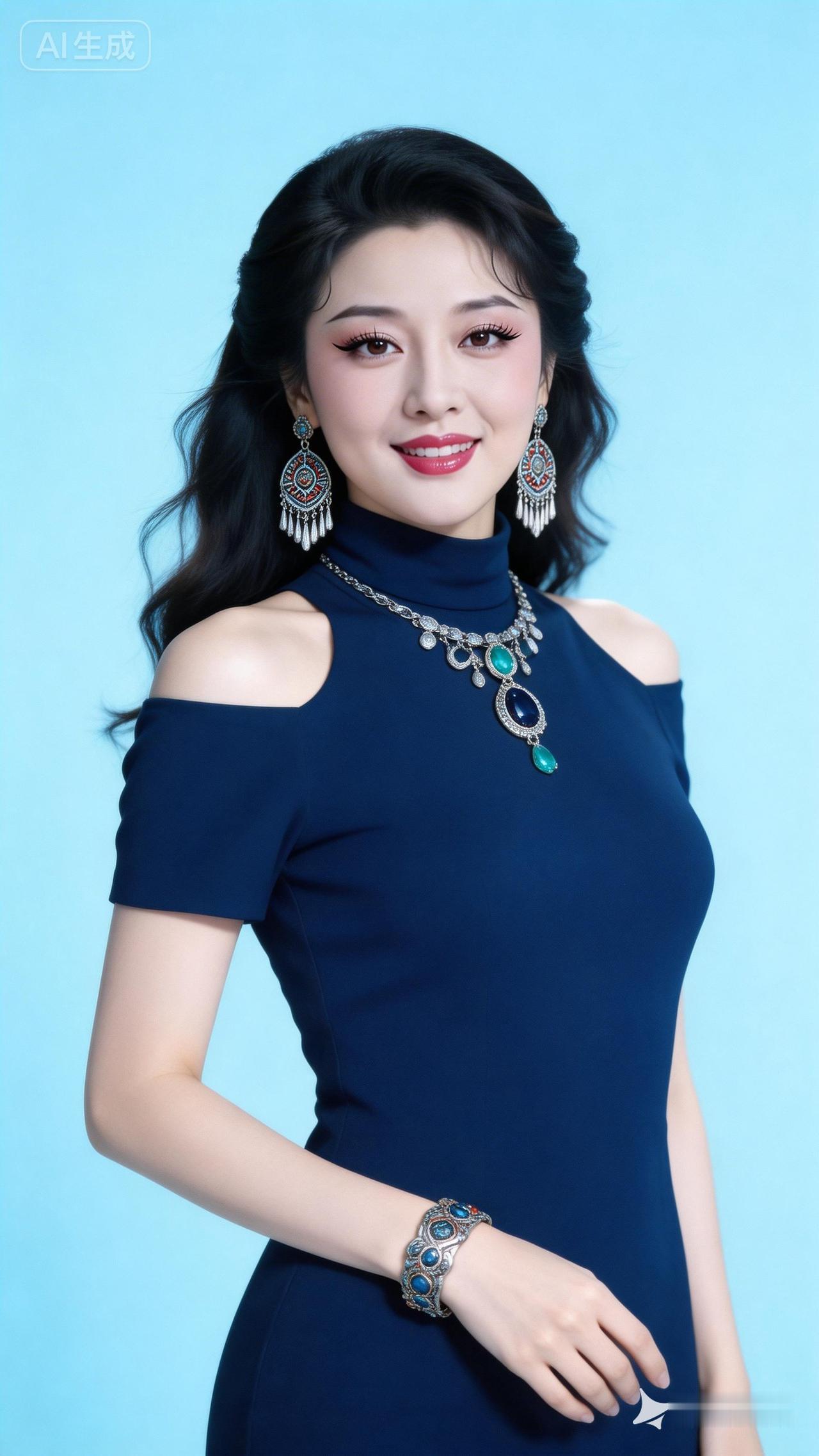 优雅蓝裙搭配华丽珠宝，尽显高贵气质！💎✨