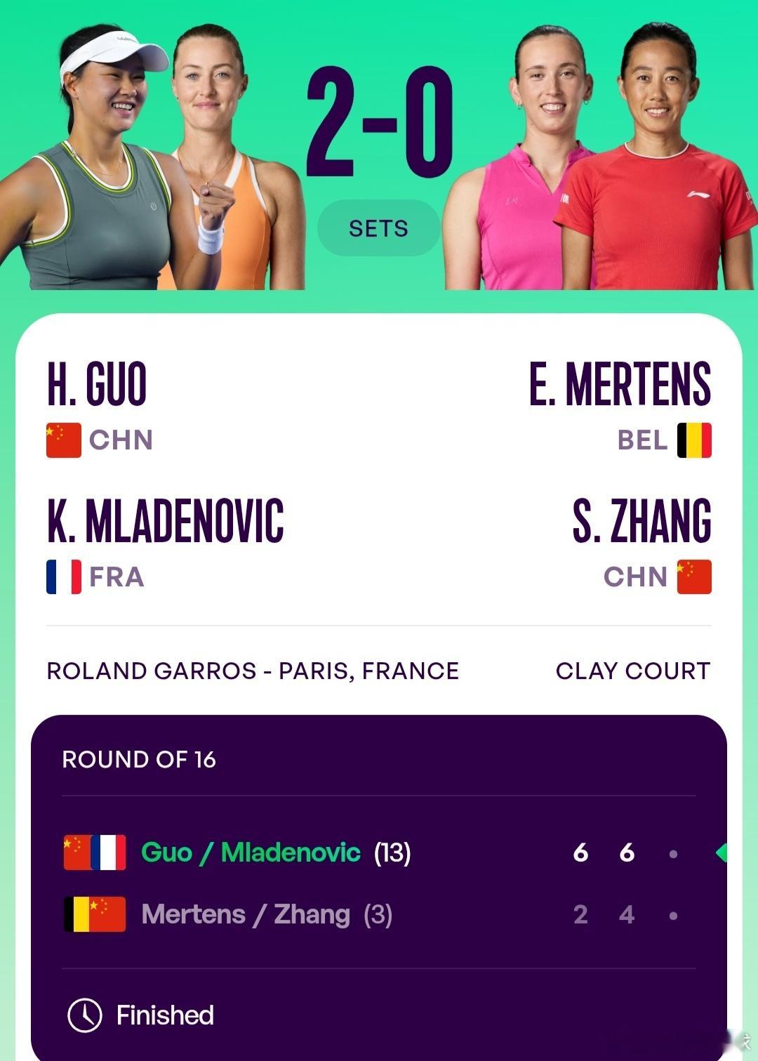 法网2026女双16进8郭涵煜🇨🇳/梅拉德诺维奇🇫🇷6-2/6-4战胜
