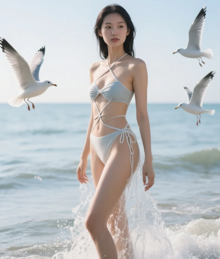 时光定格术！泳装美女在潮汐中的慵懒时刻
