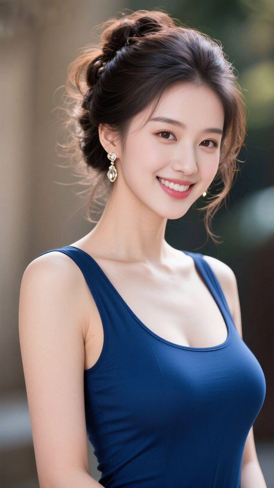 《蓝衫裹满柔光暖》风携浅暖掠过发梢，发间碎缕随光轻扬——耳坠晶亮垂在颈侧，