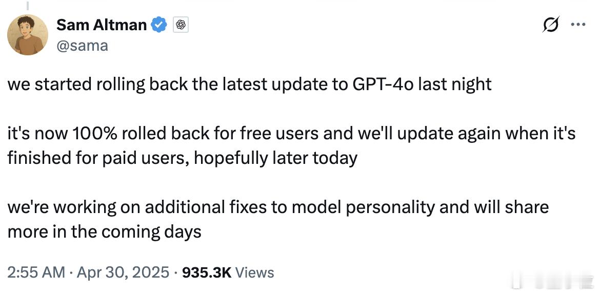 OpenAI发布事故分析报告OpenAI解释为何GPT变得谄媚这两天，GPT-4