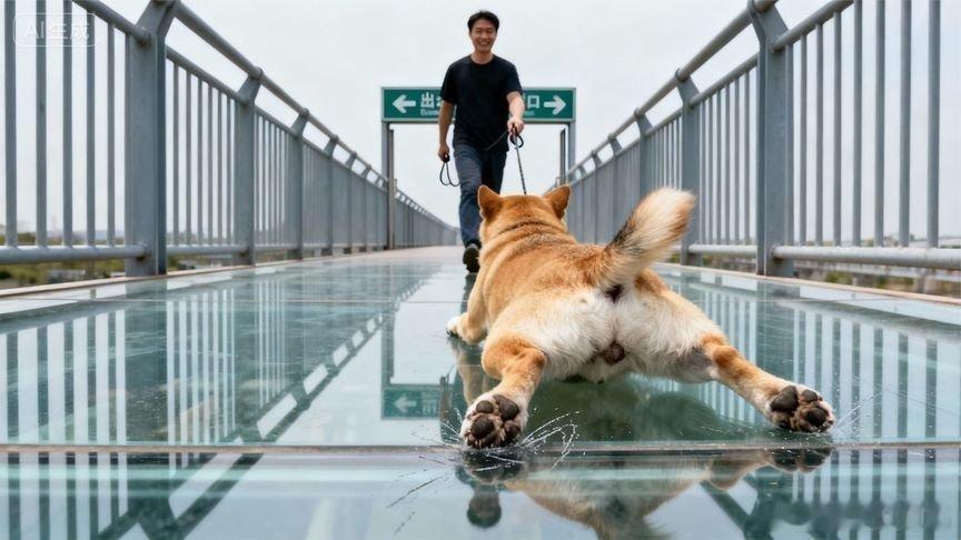 凤凰新闻【主人把狗子扔上玻璃栈道，狗生瞬间达到巅峰！下一秒憋住别笑】主人把狗子扔