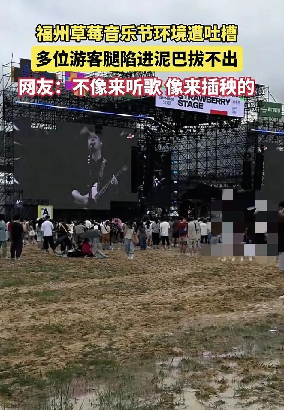 5月25日，福建福州草莓音乐节遭到多名游客的吐槽，因为场地全都是泥巴，每个人走进