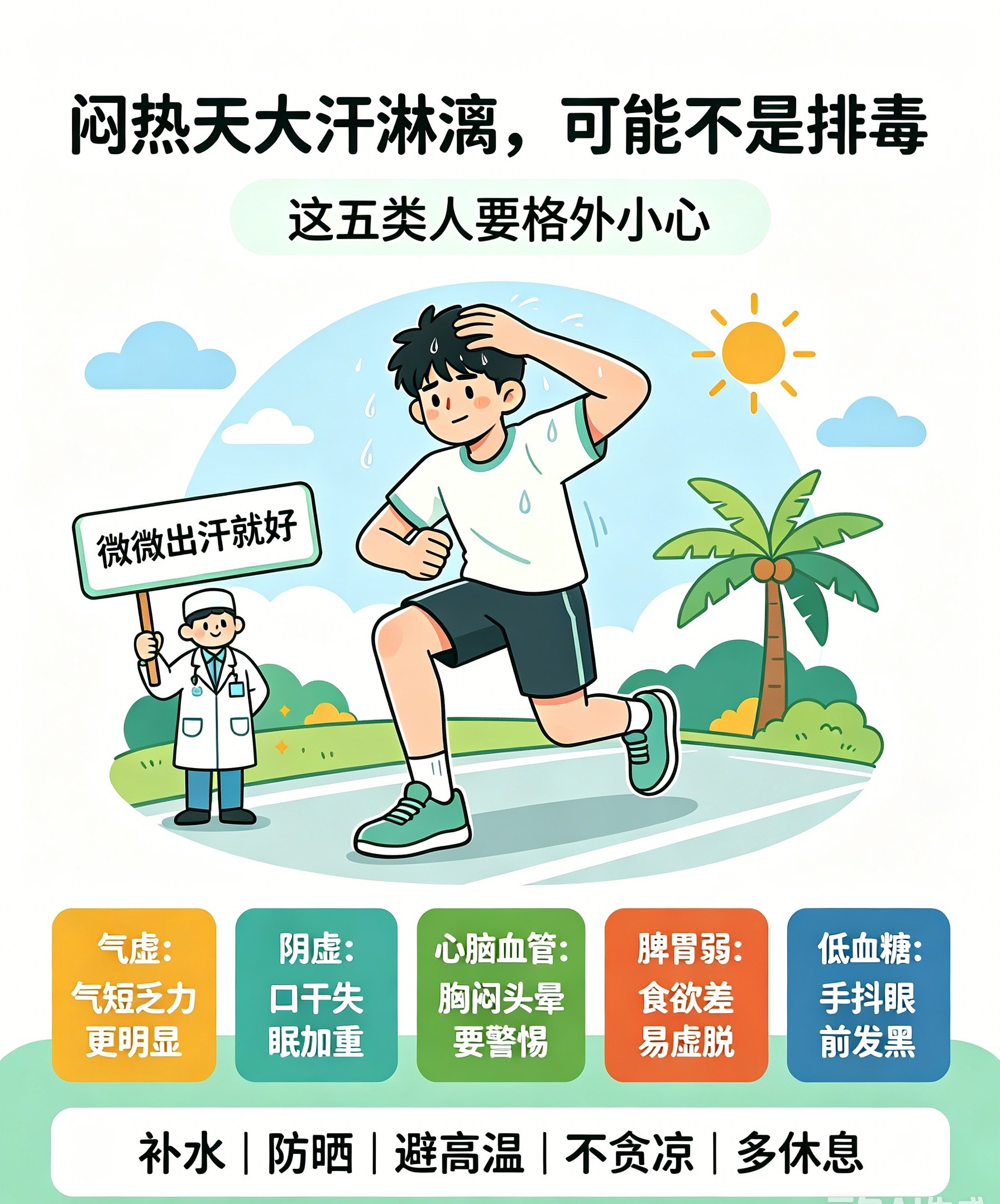闷热天切忌大汗淋漓的5类人群1.气虚、易乏力人群典型表现：一动就出汗、平时气短