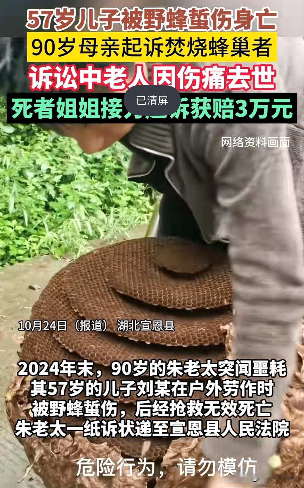 湖北恩施,57岁男子在自家后山劳作时被野蜂折伤,不治身亡。男子母亲听闻在一周前曾