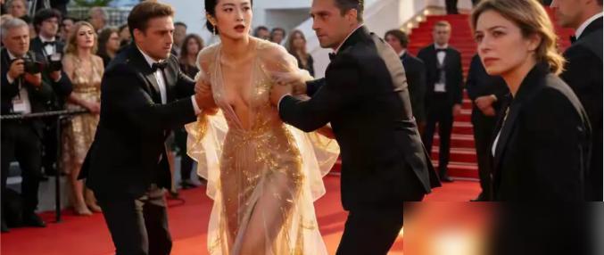 去年戛纳开幕式红毯，赵樱子闹了一出闹剧。她没作品参展，穿的镂空碎钻裙踩了戛