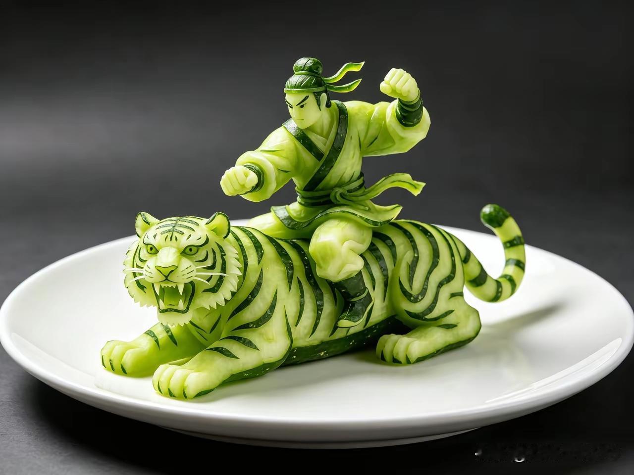 黄瓜能做出《水浒传》人物造型，这创意简直绝了！就像有能人纯手工用黄瓜打造出“菜园