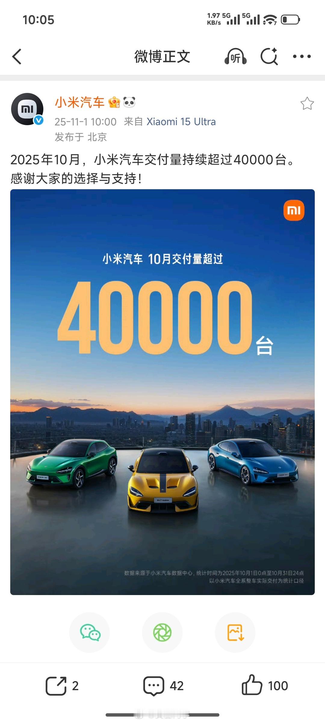 10月份小米汽车交付量超过4万辆！9月是41900多辆，10月具体是多