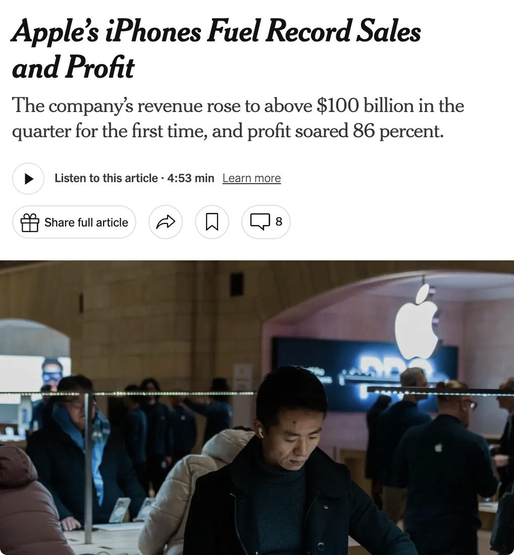 外媒:苹果公司因iPhone销量增长推动,2025年第三季度营收首次突破1000