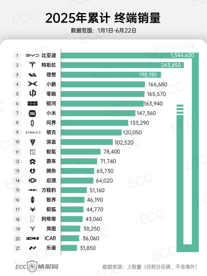 这样的数据就比较直观了~新势力都在里面，所处的位置也比较清晰了。特斯拉的销量还是