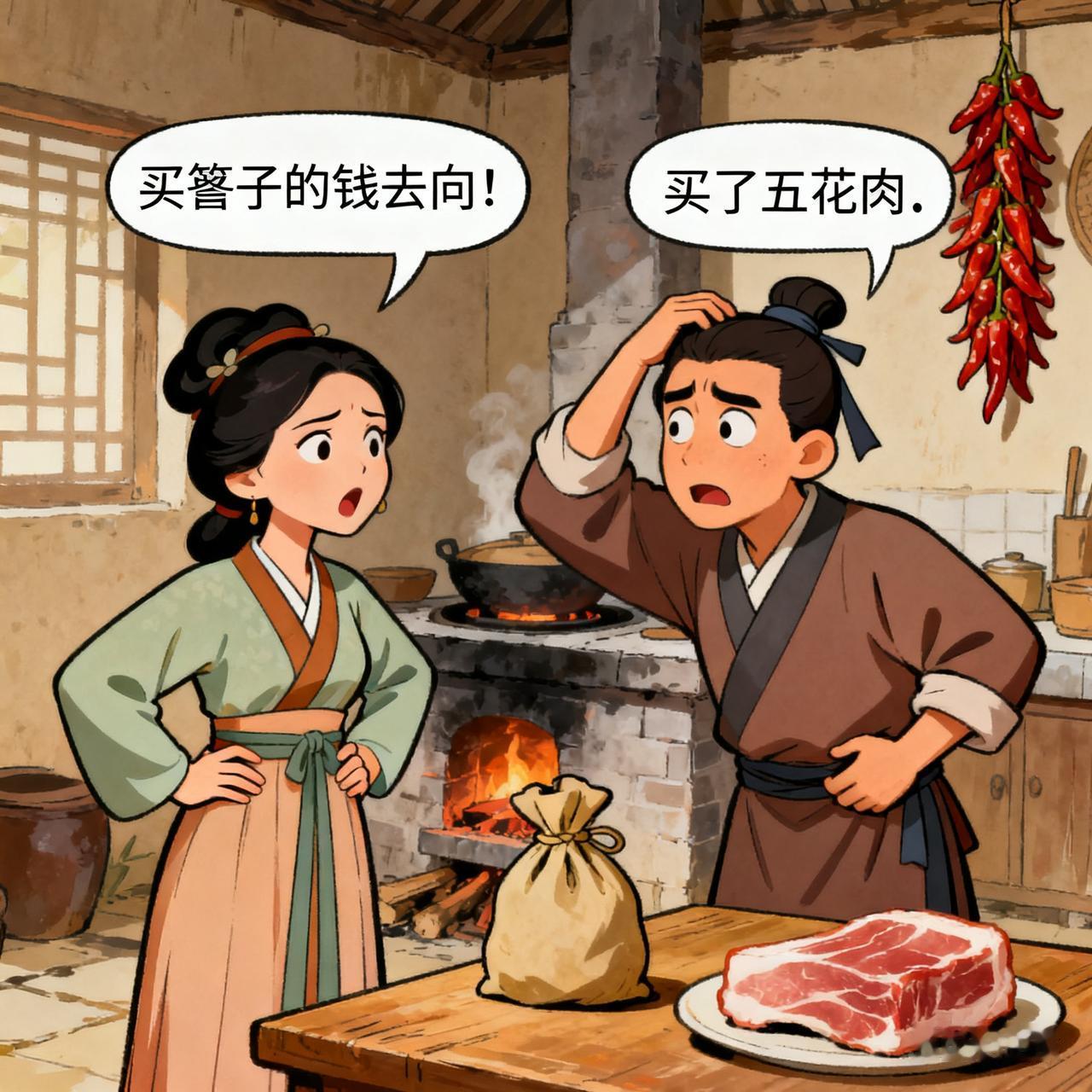 古代夫妻搞笑段子妻子：“你昨儿说要给我买支银簪，钱呢？”丈夫：“别提了，