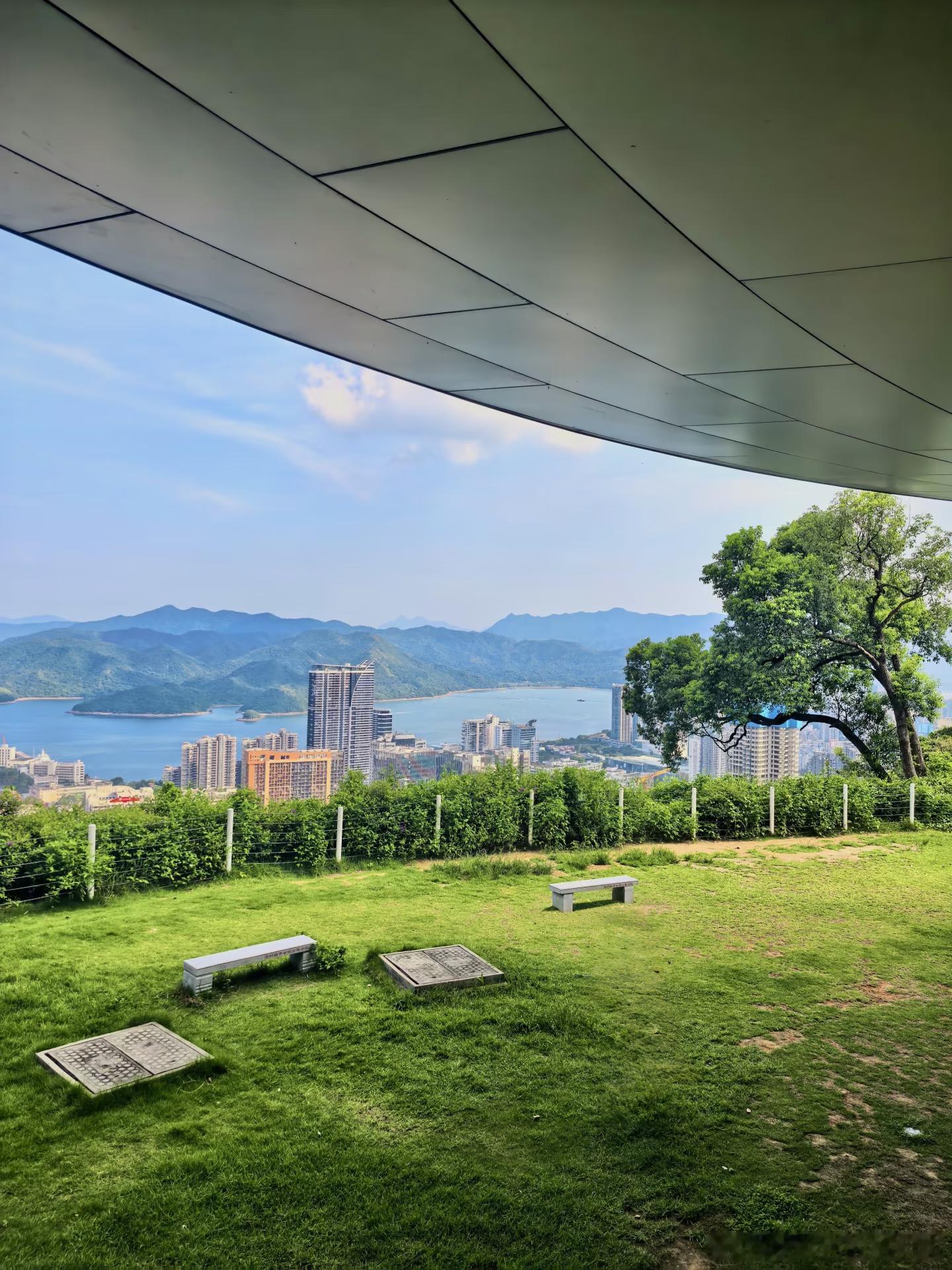 深圳半山宝藏点位，站在山顶可将山海城一并收纳。一侧是盐田港密集集装箱，一侧是碧绿