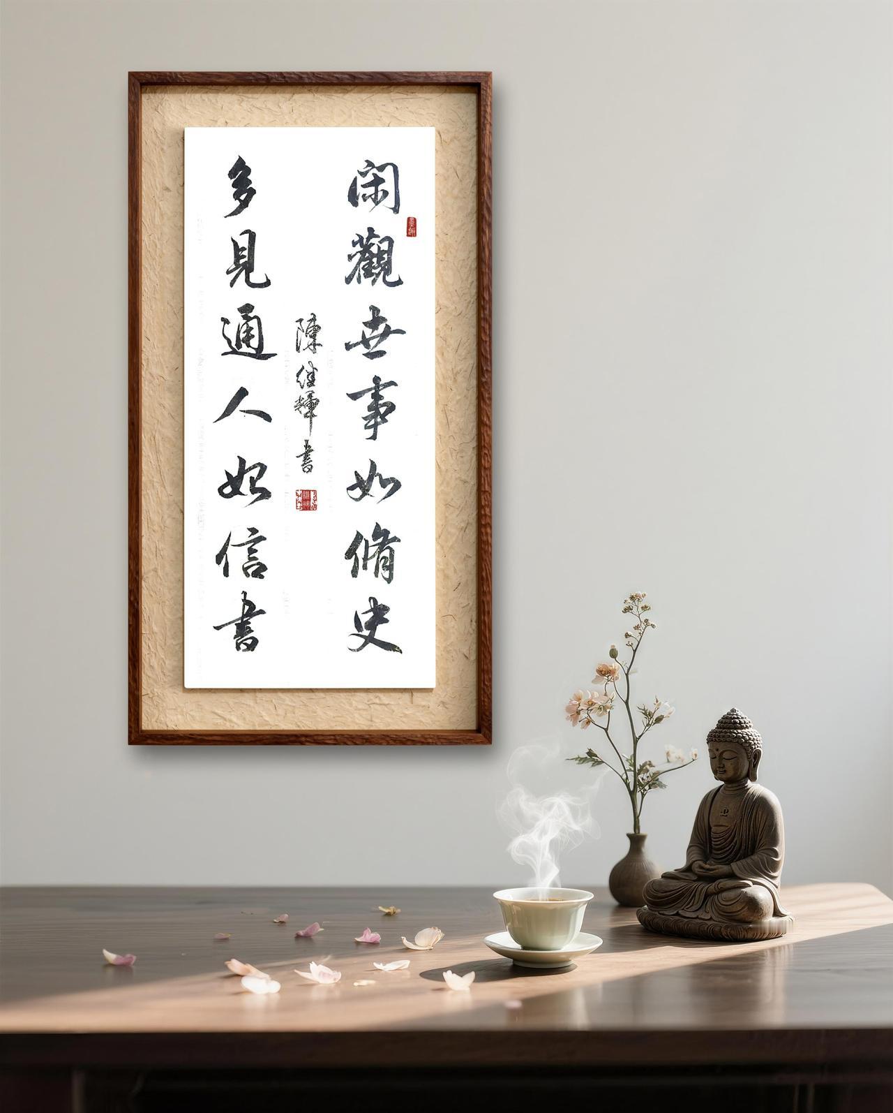 书房挂书法作品，那“闲观世事如修史，多见通人始信书”就很不错。这句书法挂在书房，