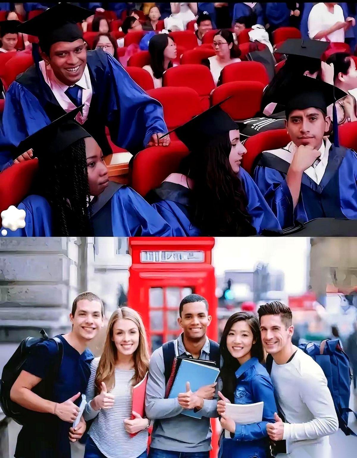 刷到一些女留学生的动态，有点意思。照片里，她笑得特别灿烂，身边围着一圈高鼻梁、