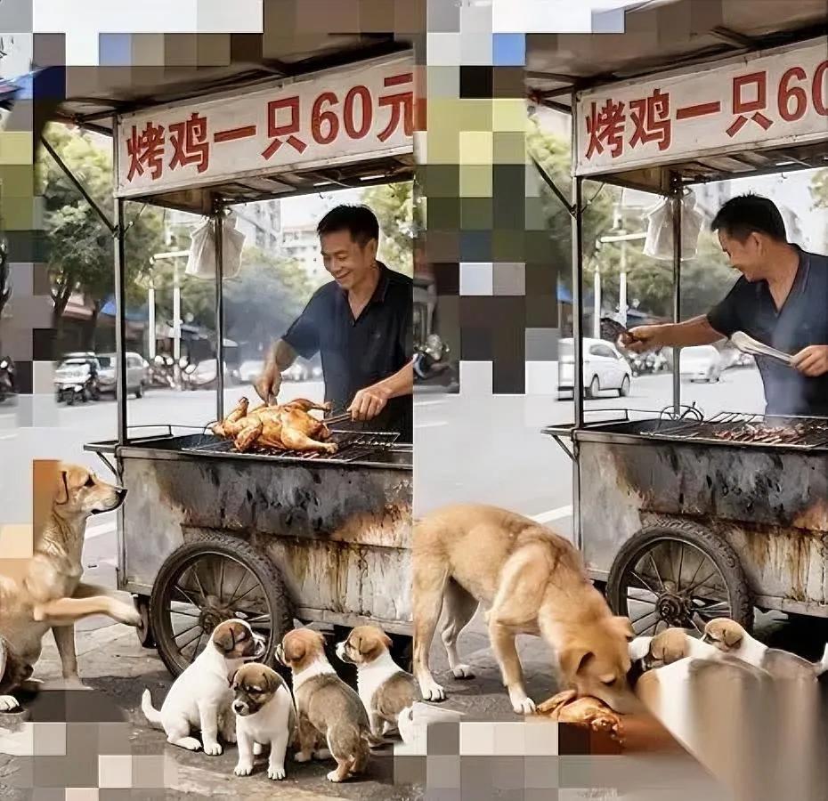 你见过为娃“拼到没脾气”的狗妈妈吗？四只小奶狗饿得直抖，它凑到烤鸡摊前，前爪