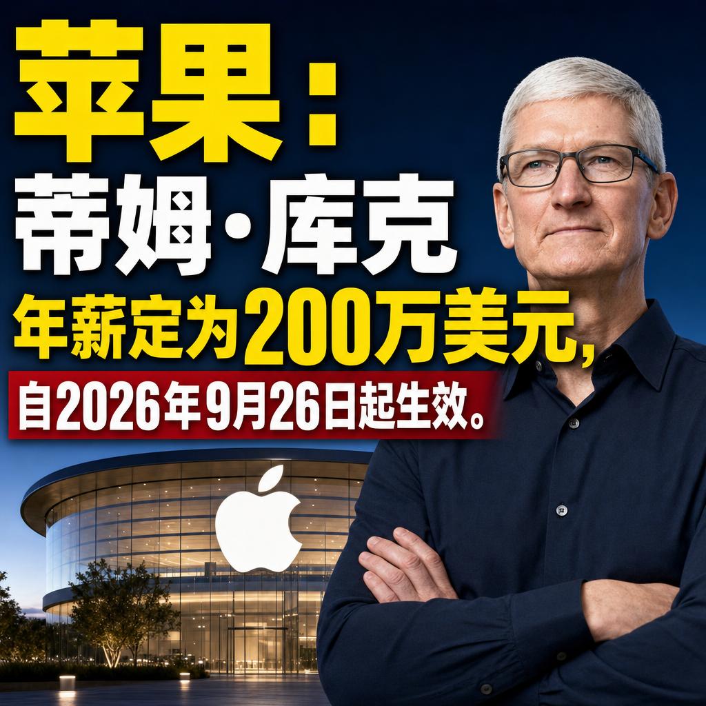 苹果：蒂姆·库克年薪定为200万美元，自2026年9月26日起生效。很多人以为