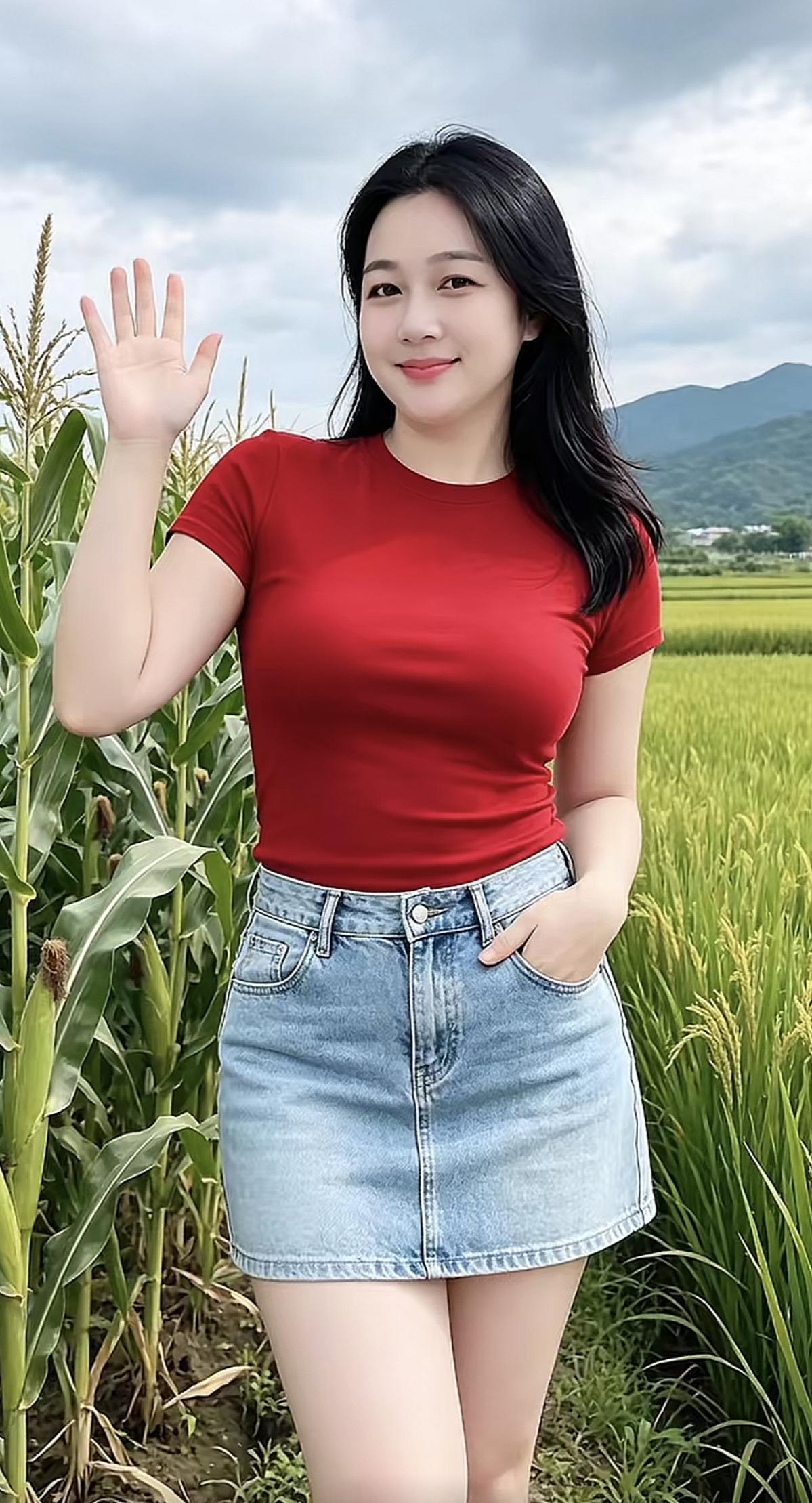 红衣少女立田间，笑靥如花映晴川。