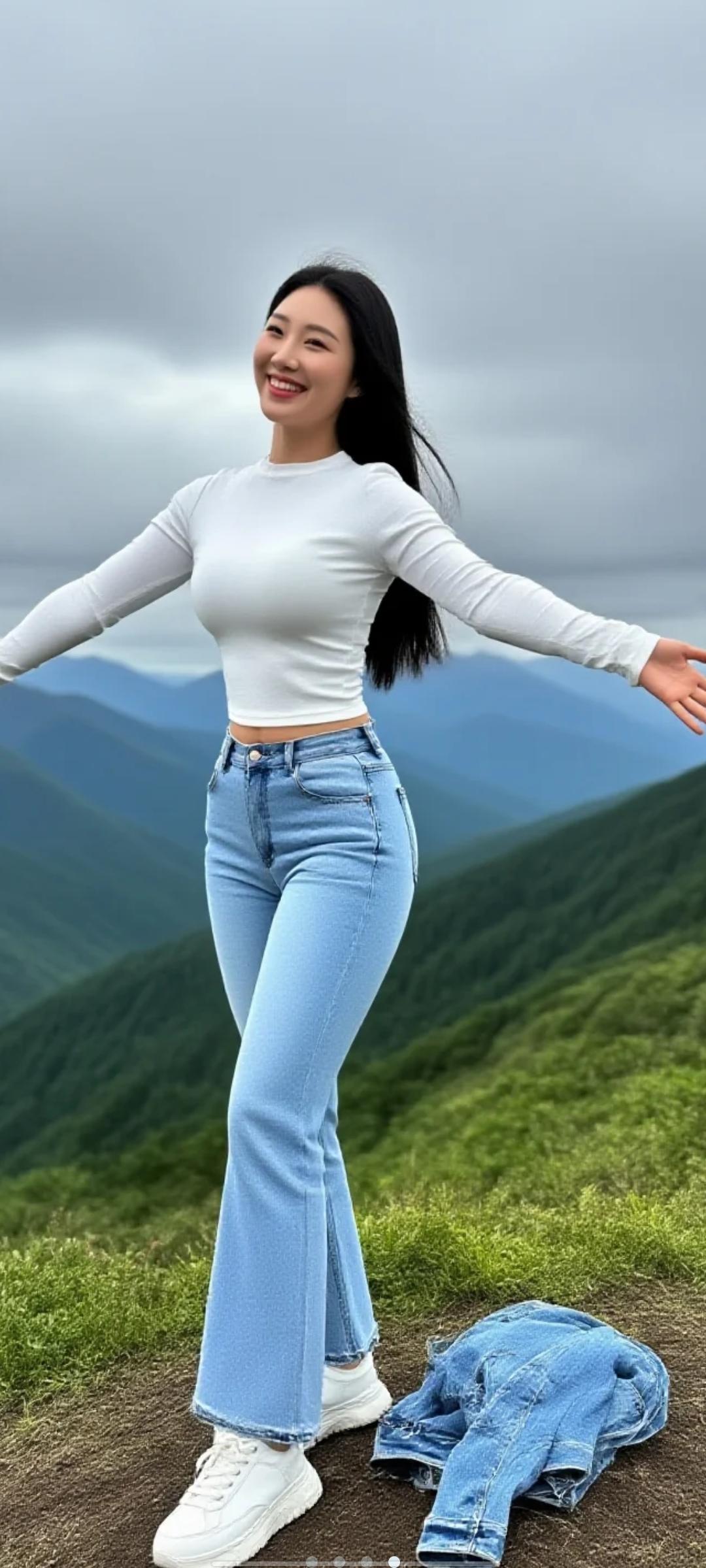 女人如何穿出含蓄的性感?户外山野场景，一位22岁轻熟韵味丰腴女性，瓜子脸，尖下巴