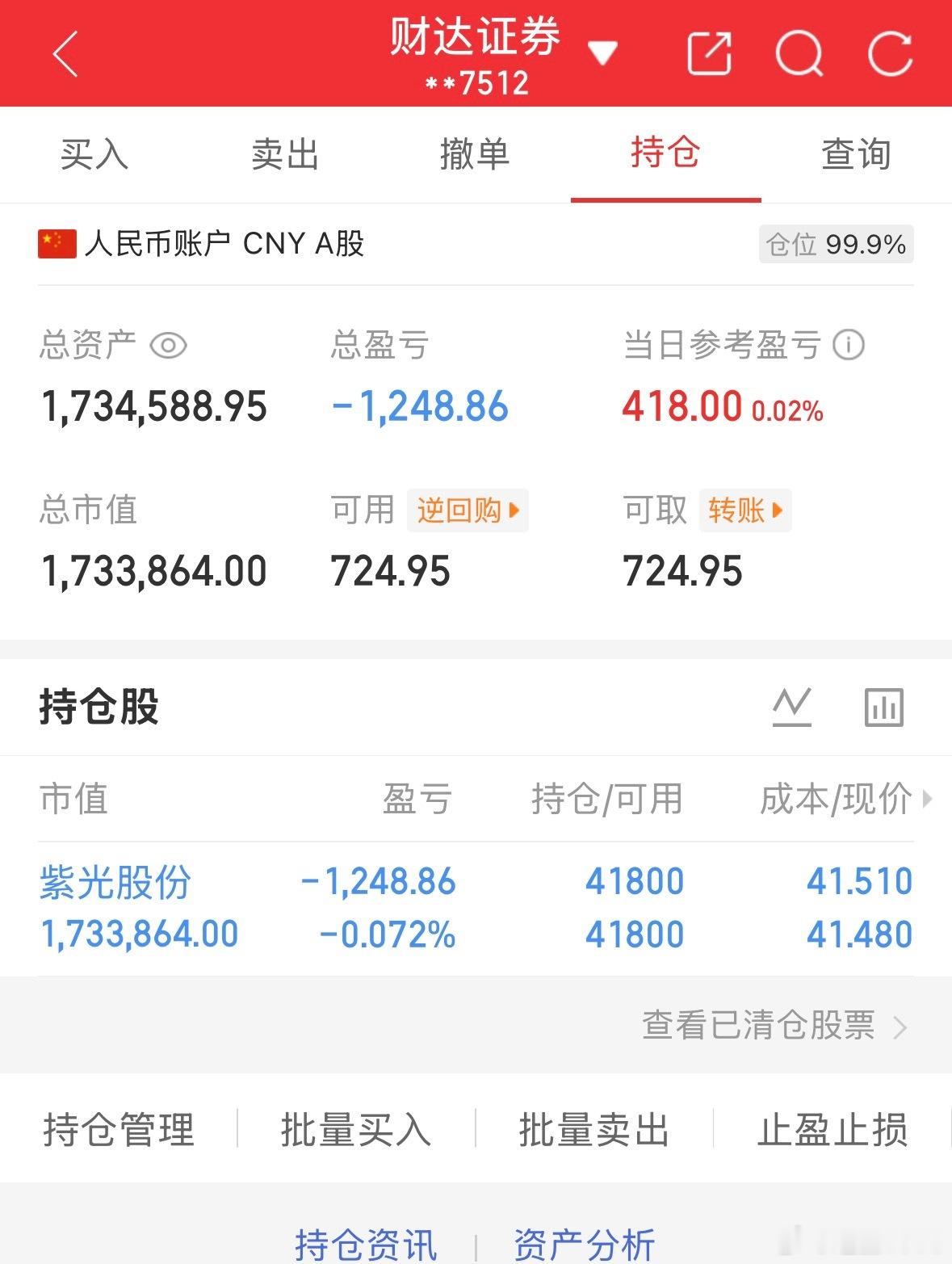 50万全职炒股的第69天总资产1734588当日参考盈亏+418持仓股：持紫光股