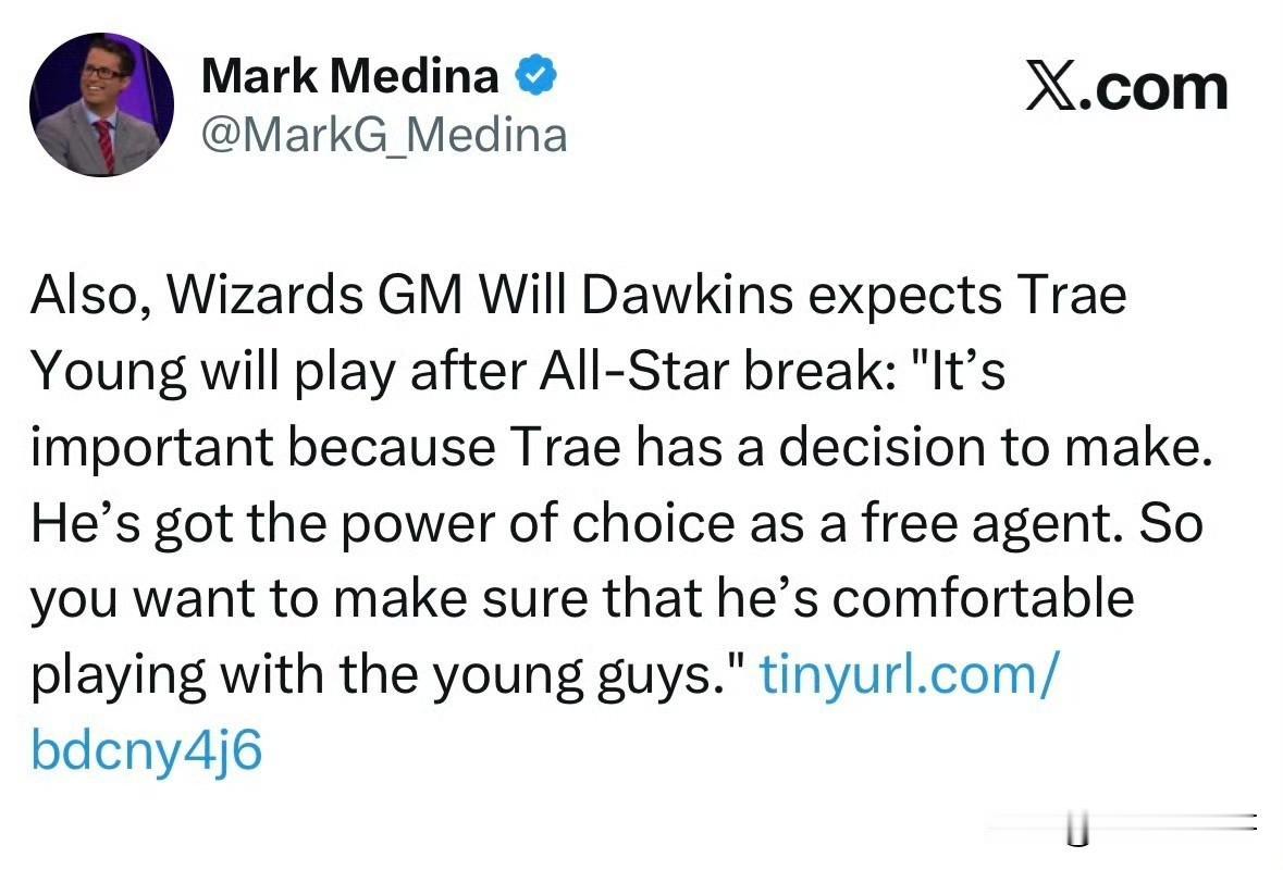 特雷-杨将于全明星大赛后复出！！！根据记者MarkMedina最新消息透露