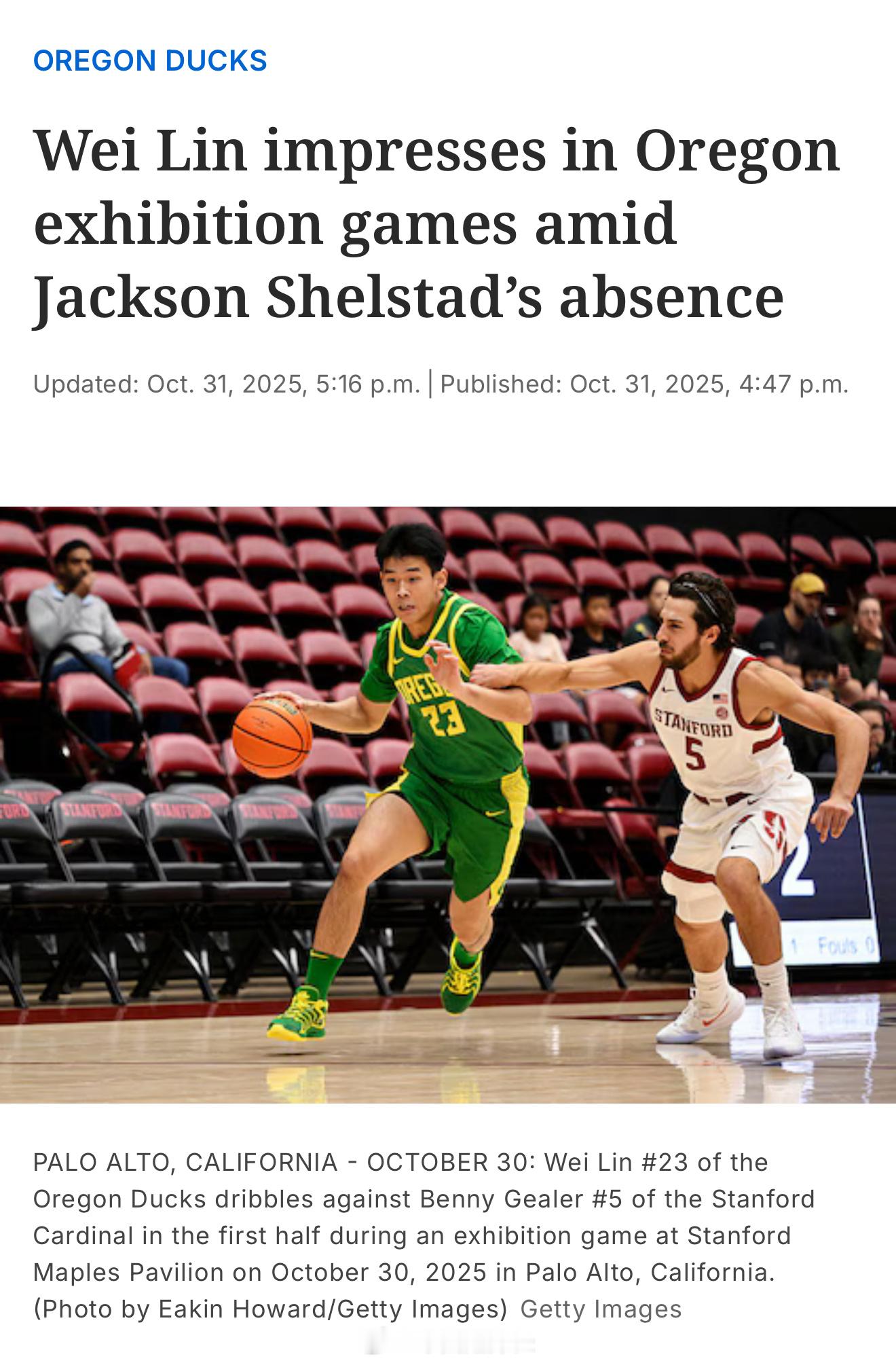 《俄勒冈人》报道林葳在俄勒冈大学的前两场比赛，认为林葳会在本赛季为球队后卫线提供