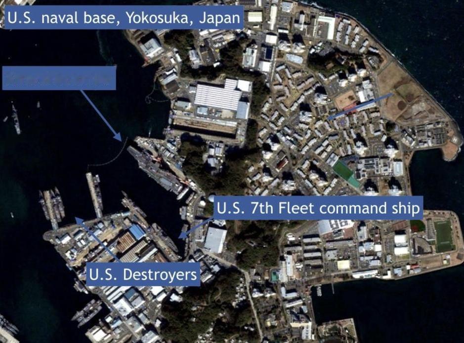 第一张图片，美国海军第7舰队，在日本横须贺军港的卫星图片，里面有很明确的航母位置