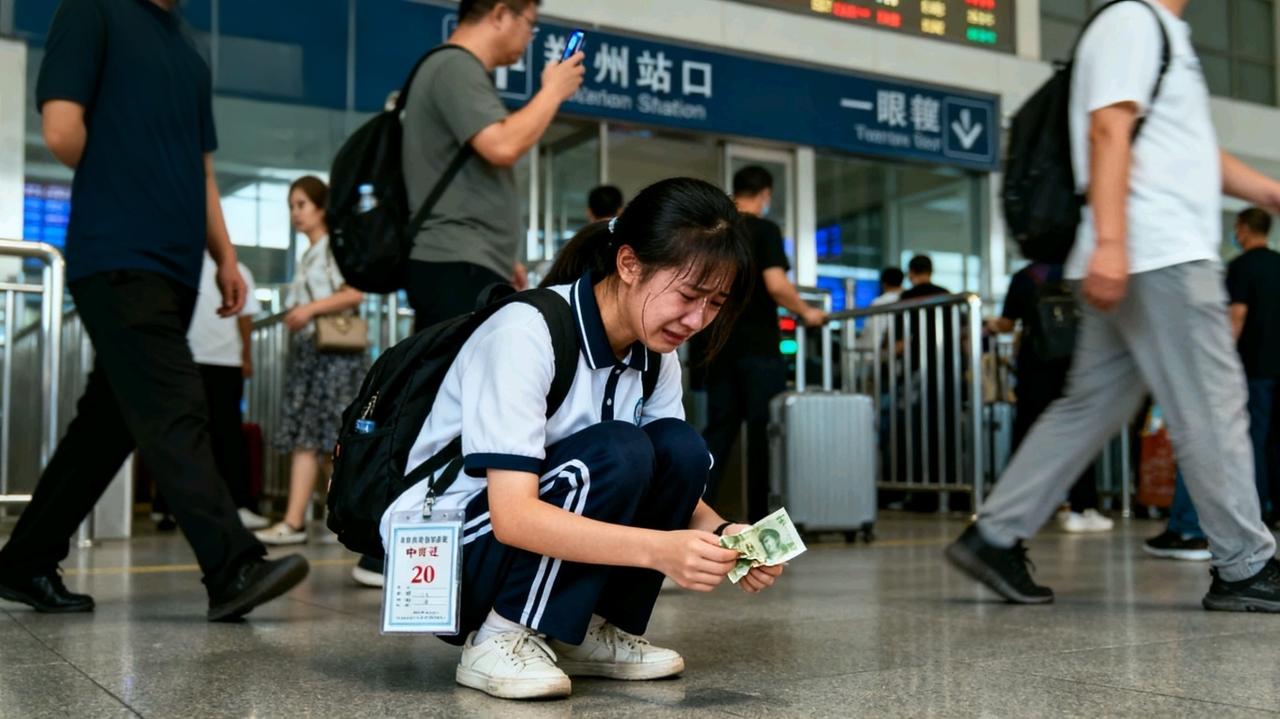 穿校服的女孩蹲在地上哭，手里攥着皱巴巴的20块钱，背包上还挂着没拆封的中考准考证