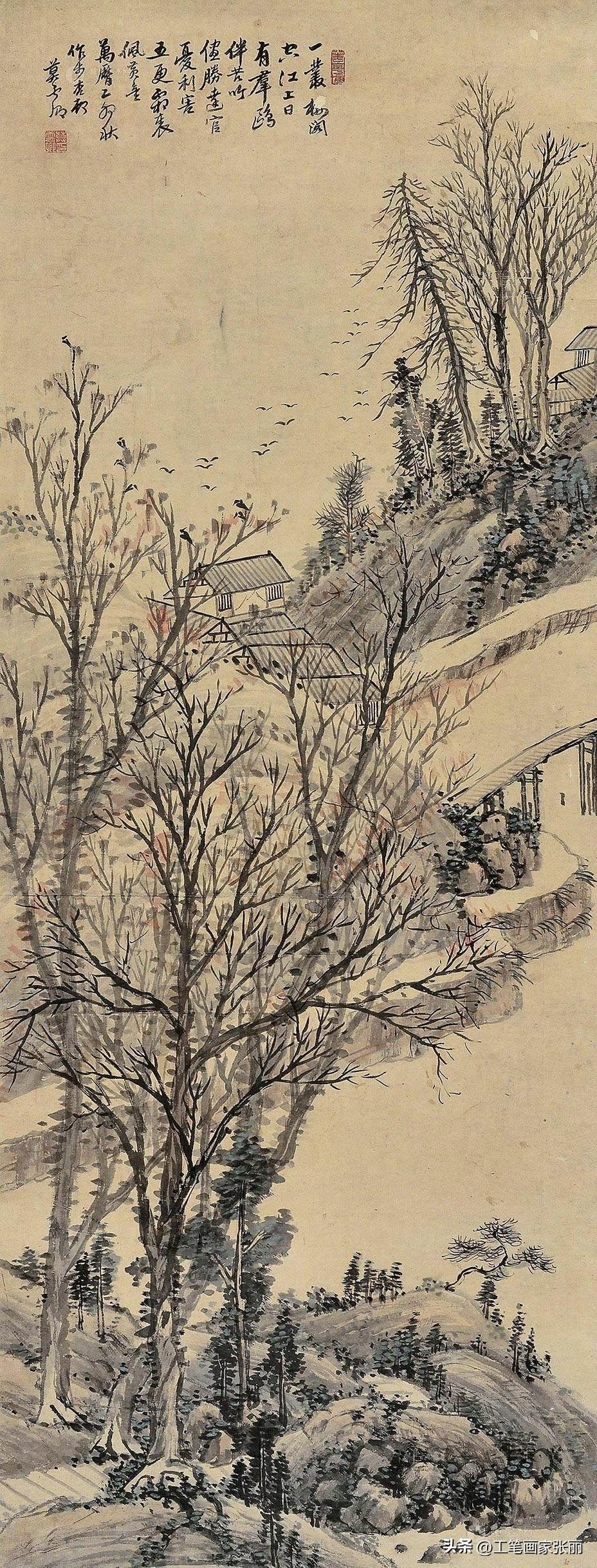 莫是龙《秋山霜屋图》：诗与画里的隐逸心1615年的霜天，莫是龙把心境画进