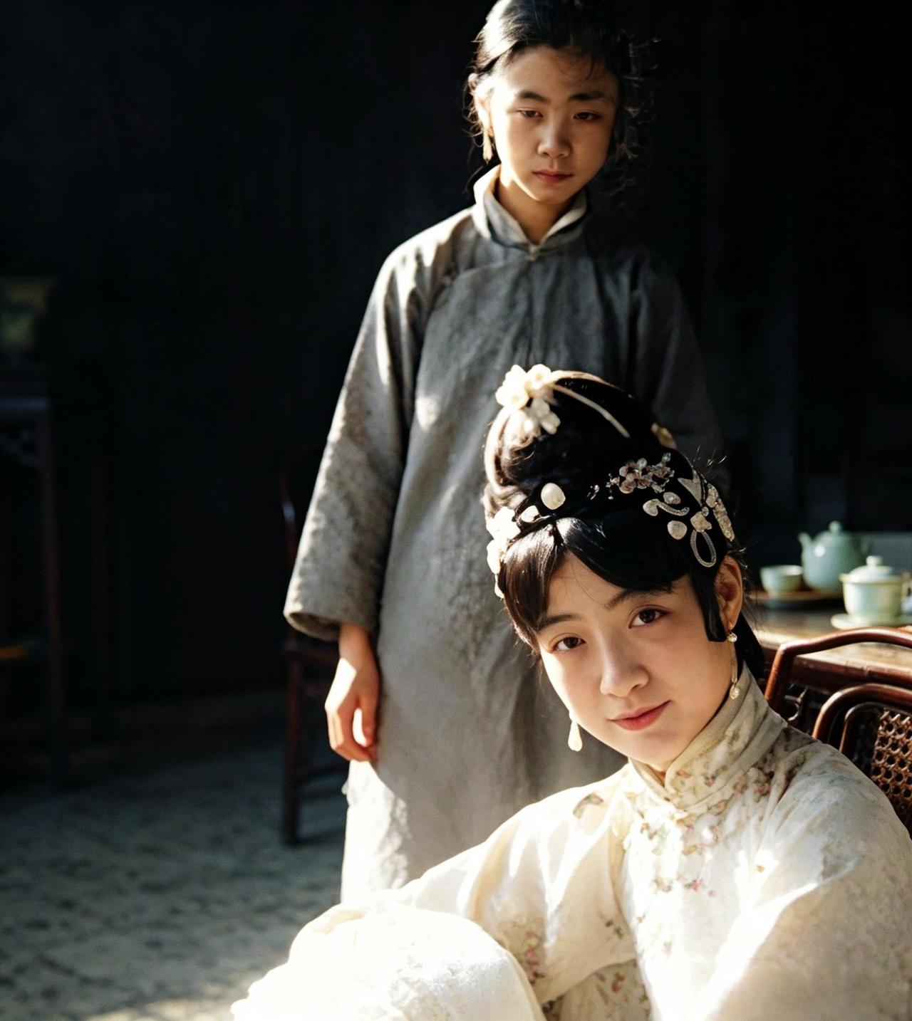 这是末代皇后婉容在宫里玩累了坐着休息。可是，她旁边的小宫女只能站着。这并非婉容严