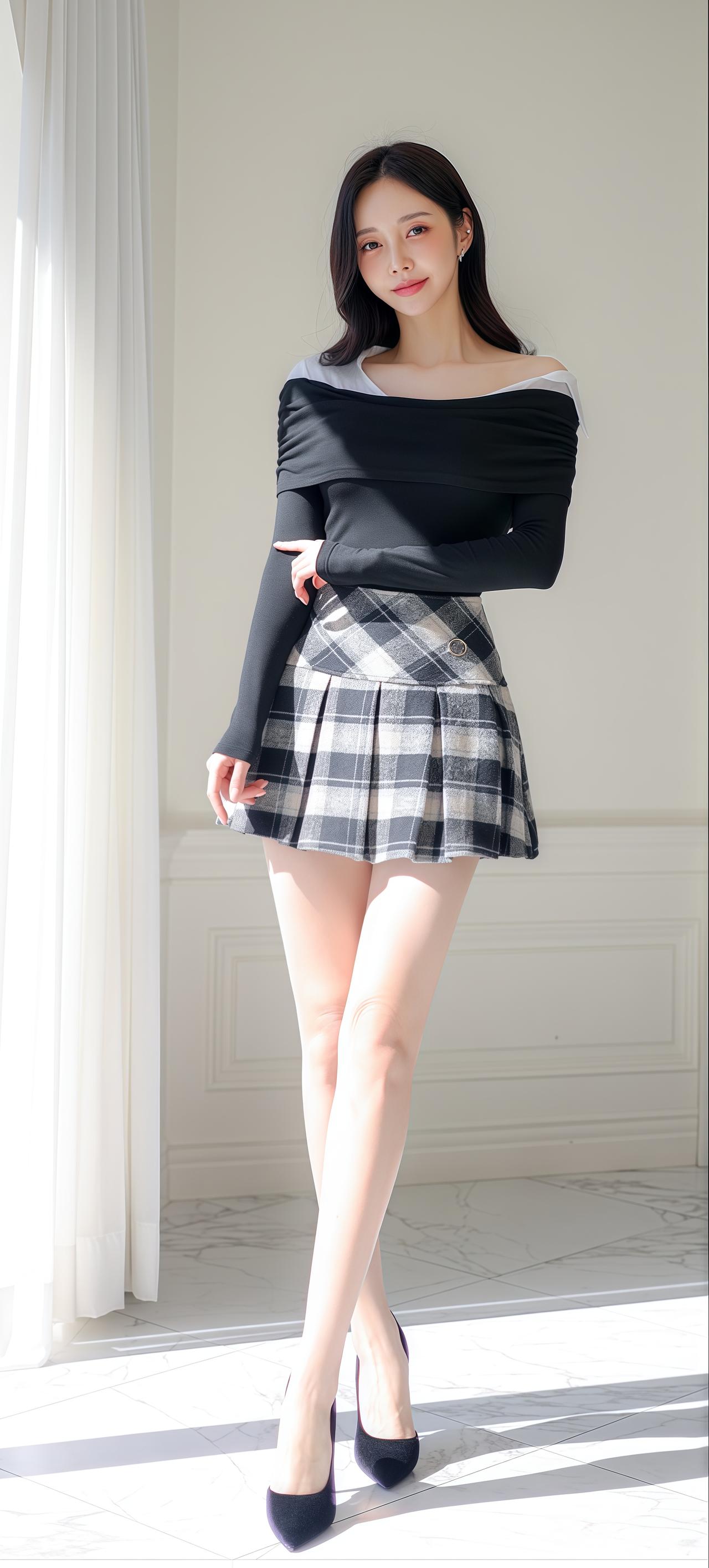 孙允珠优雅黑白格裙，时尚露肩上衣，甜美少女风，轻松出街look！