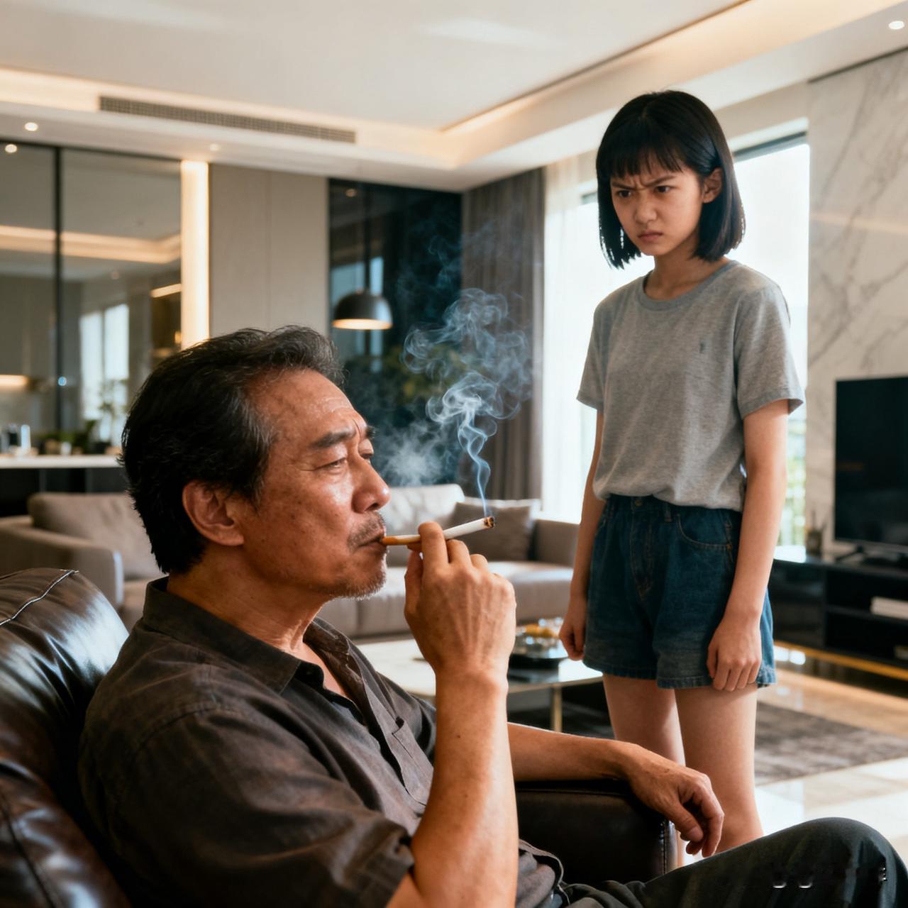 妹妹接老爸去她家住了几天，老爸在客厅抽烟被妹妹骂了，骂道：“去阳台上抽，客厅里吸