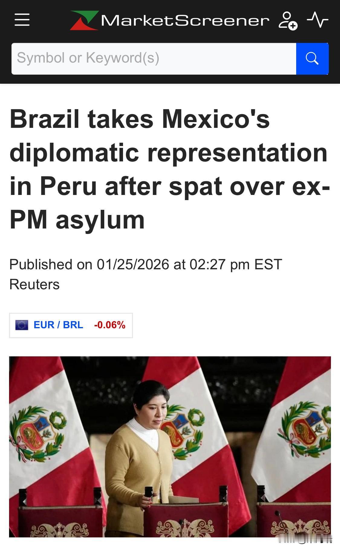 应墨西哥政府请求并经秘鲁政府同意，巴西外交部宣布接管墨西哥驻秘鲁的外交利益。巴西