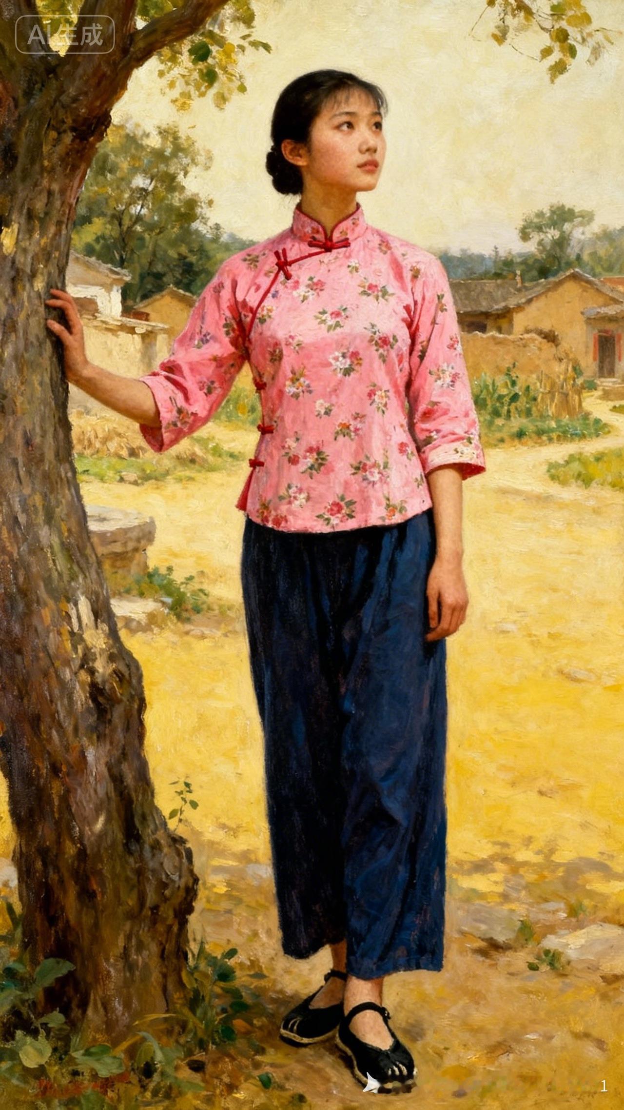 复古旗袍少女，静谧乡村风光，怀旧情怀满满。