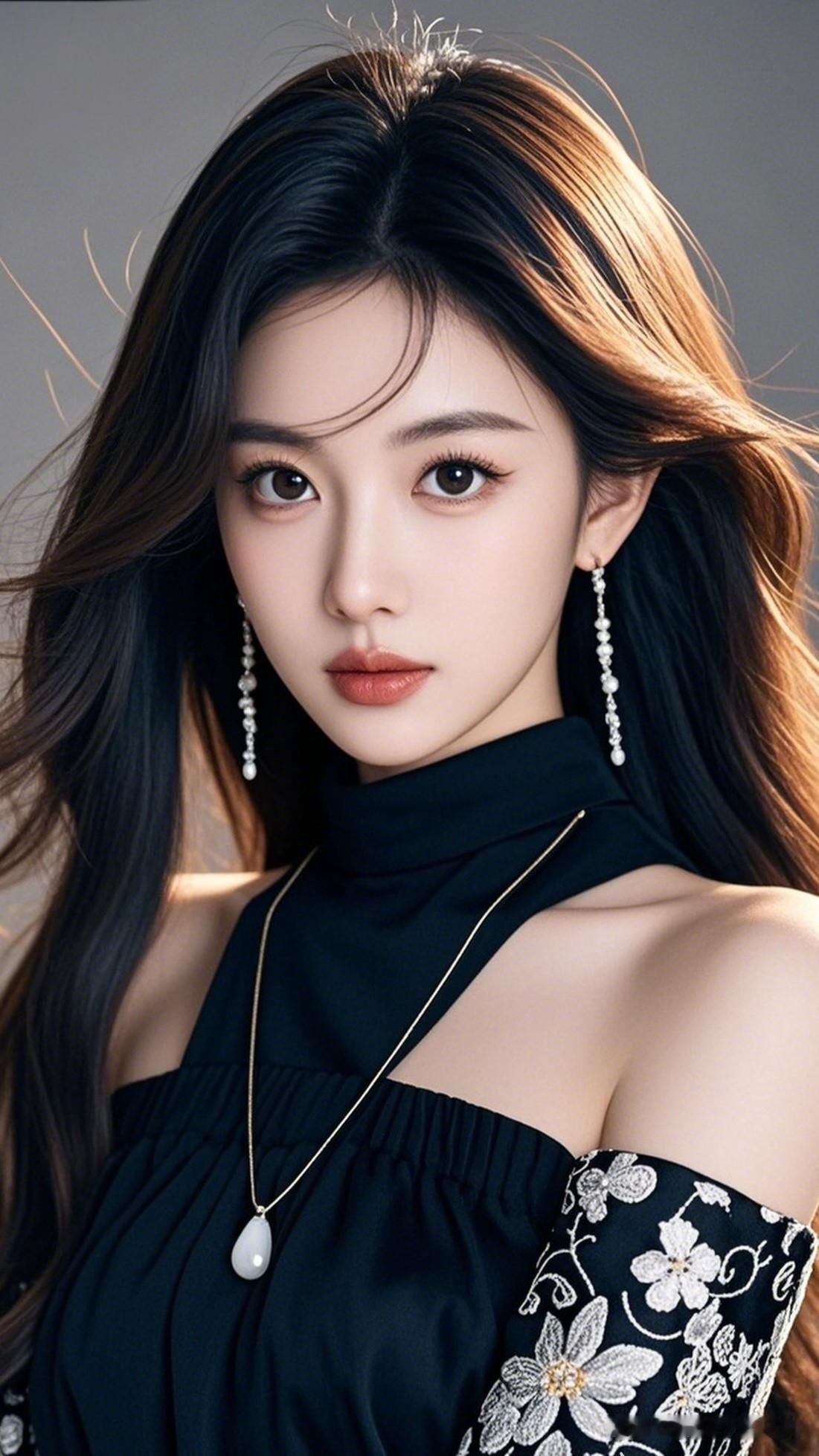 黑衣美人，珠光玉润。分享唯美壁纸作品优雅黑裙，气质女神，珍珠耳环，时尚穿搭