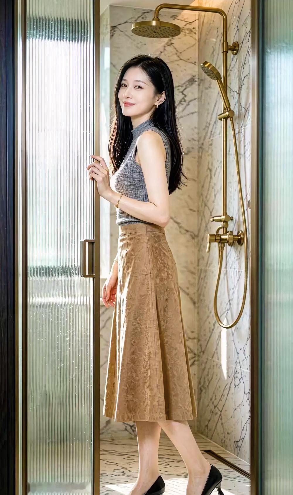 《长发与光影的午后》长发垂落，轻抚过灰调的温柔。驼色裙摆，摇曳着
