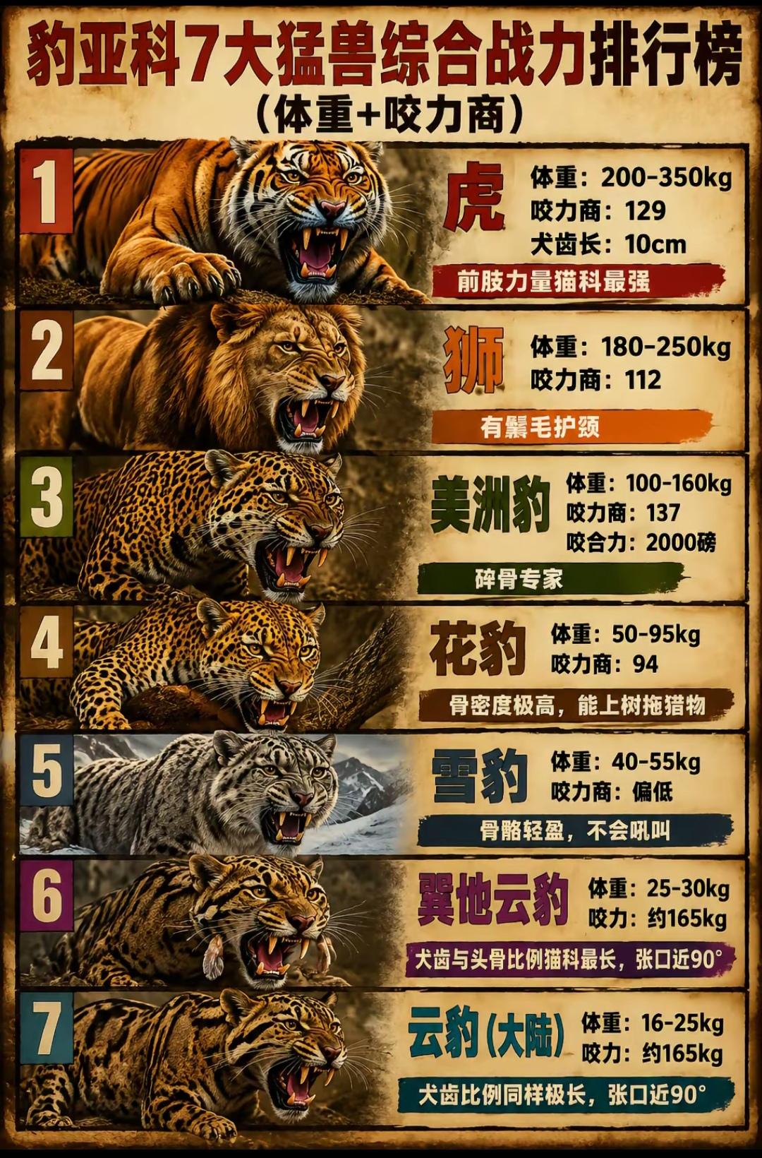 七大猛兽之王，老虎当之无愧的王中之王！1. 虎（1000分）：体重200