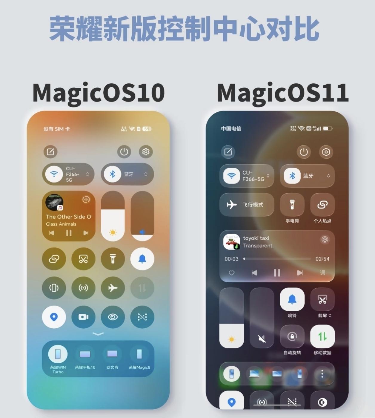 荣耀MagicOS11控制中心对比MagicOS10真的太香了，界面更高级，通透