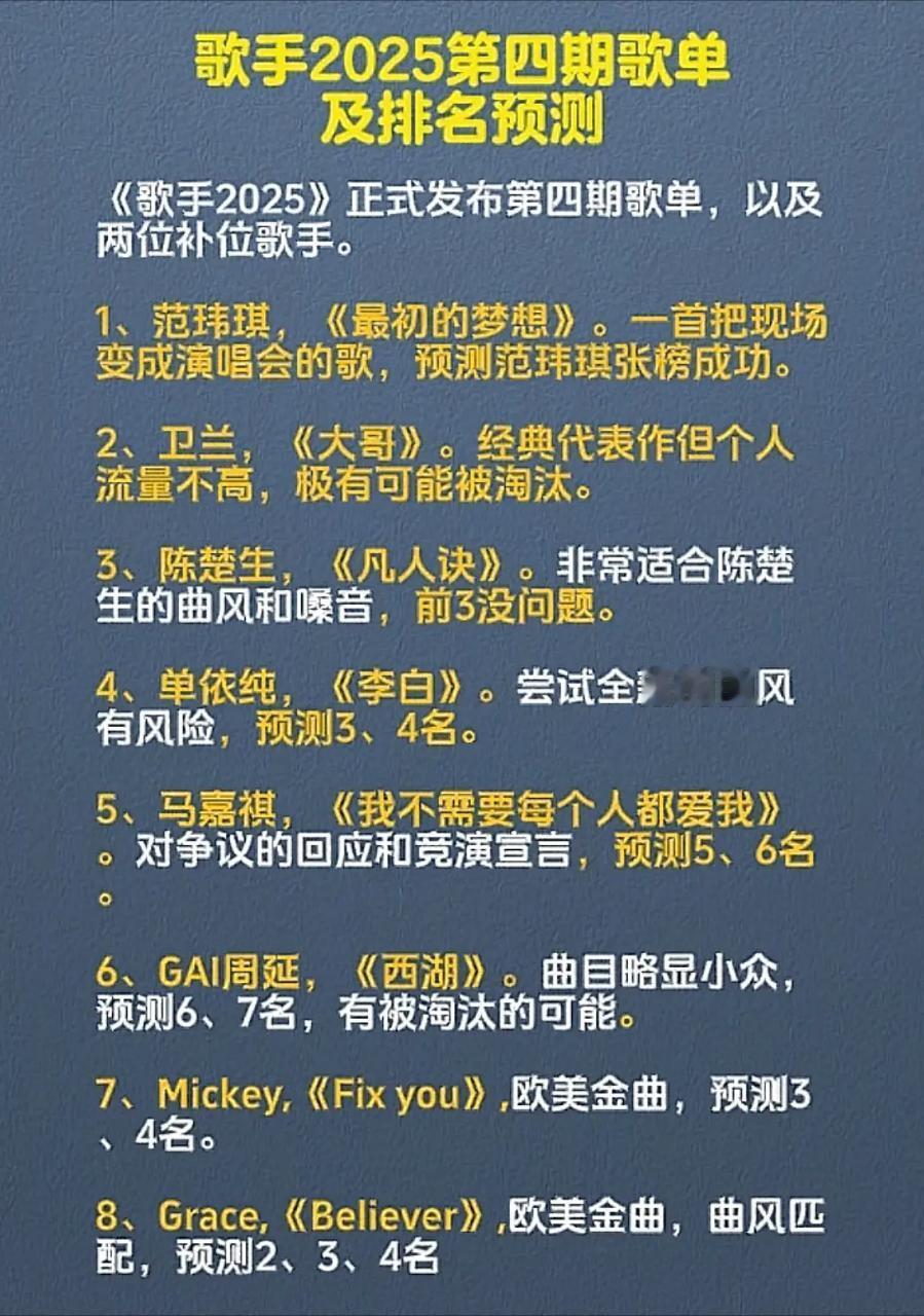 歌手2025今天的排名马嘉祺人气王不会被淘汰..范玮琪来镀金的不会被淘汰陈楚生和