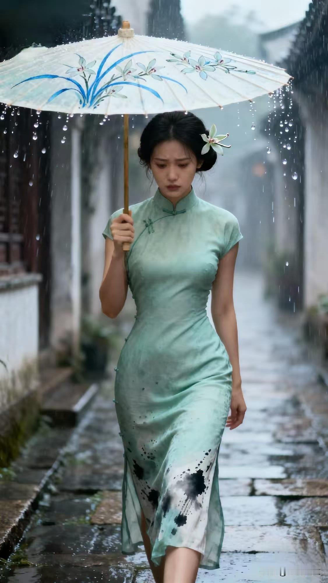 清江引·雨中佳人青伞遮蒙烟雨漫，旗袍留痕淡。小桥水韵悠，佳人风姿婉。旖