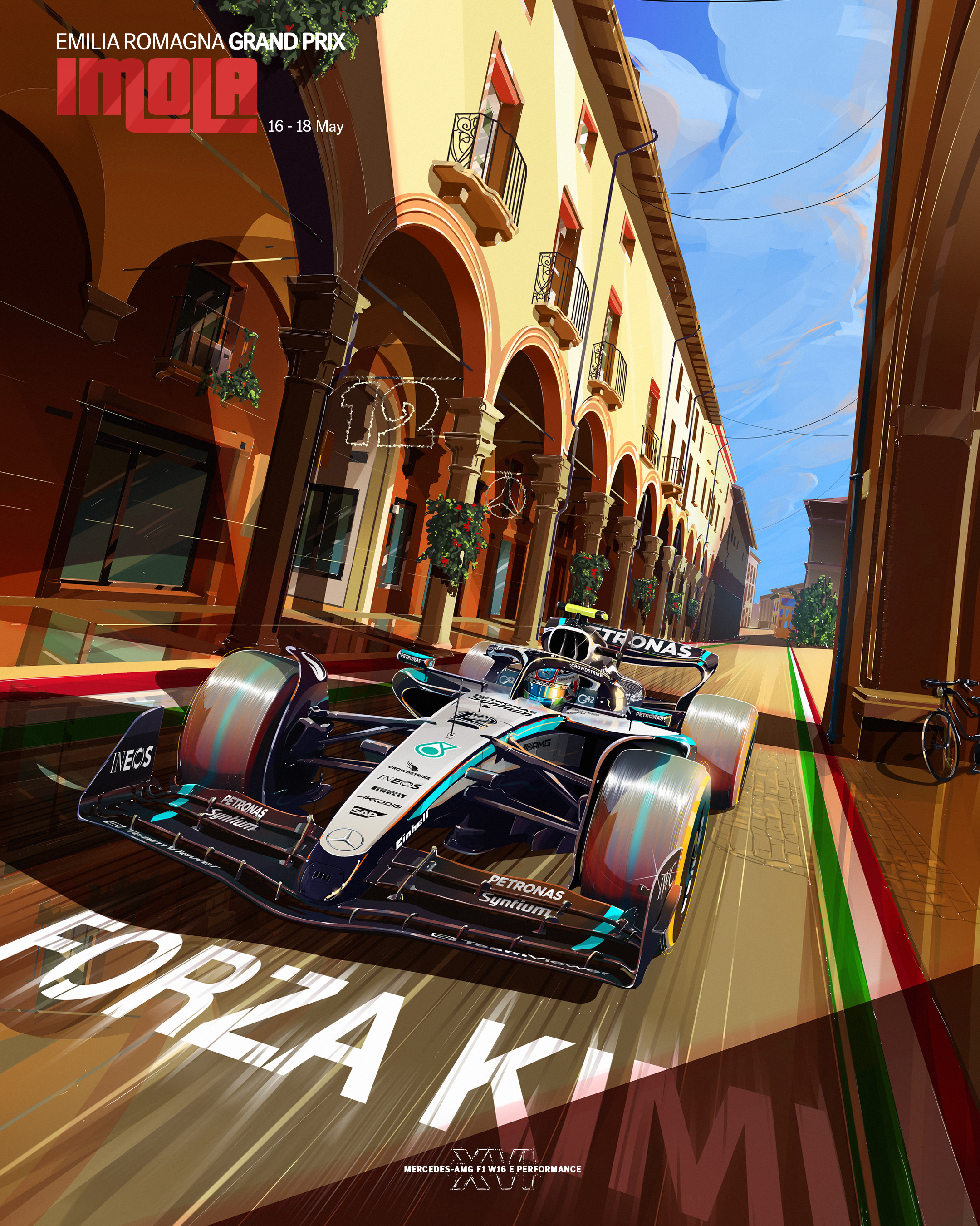 F1伊莫拉站梅赛德斯车队海报，安东内利的首个主场F1大奖赛2025F1伊莫拉