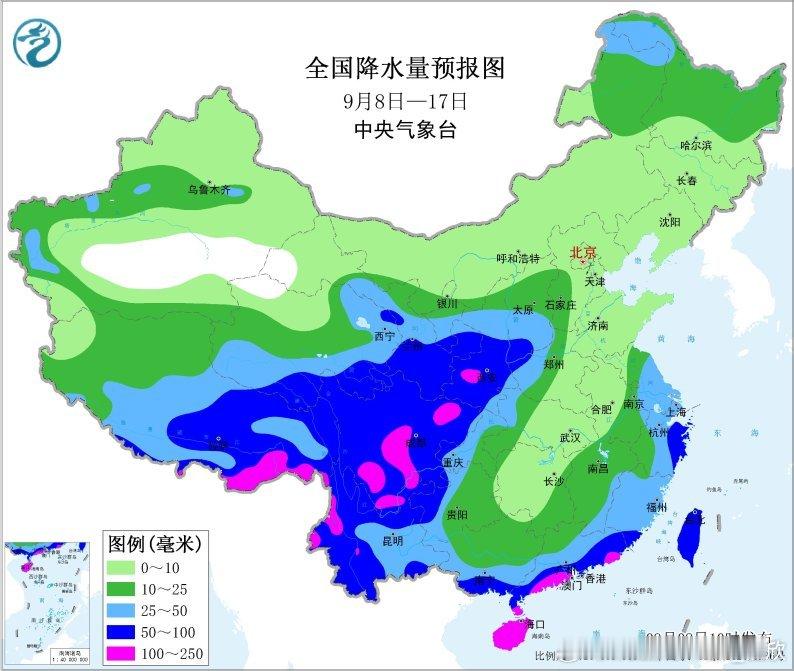 今后10天，西南地区以及西北地区东部，降水频繁，降水日数可达6-8天，累计降水量