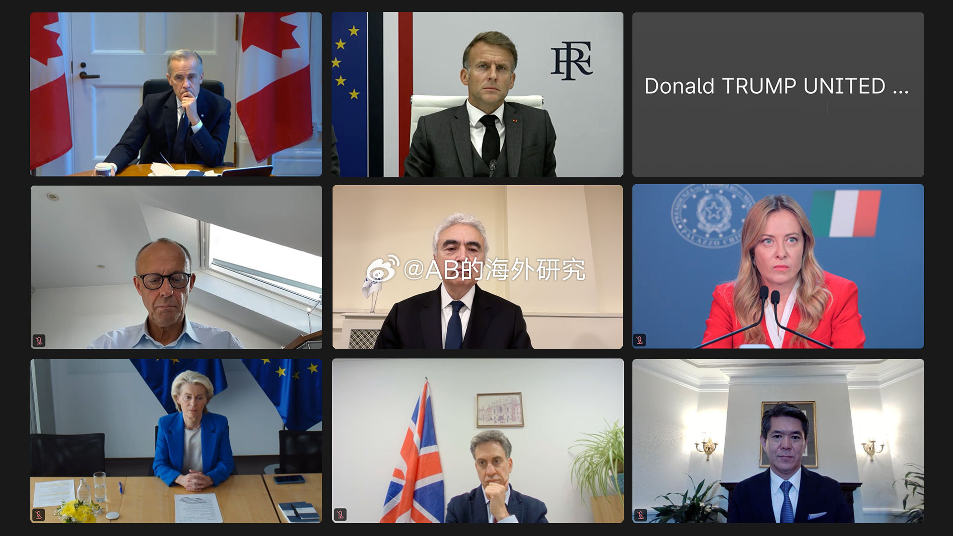 这次的G7领导人线上会议，上面能看到法国总统马克龙、加拿大总理卡尼、欧盟主席冯德莱恩。然后最重要的嘉