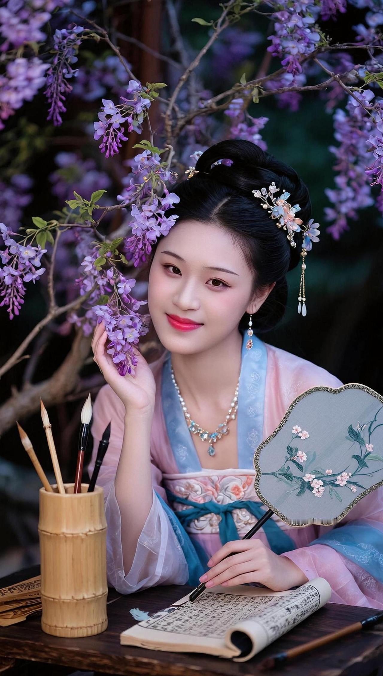 在古色古香的背景下，一袭华美汉服与淡雅花枝相映成趣，仿佛穿越千年时光。衣袂飘飘间