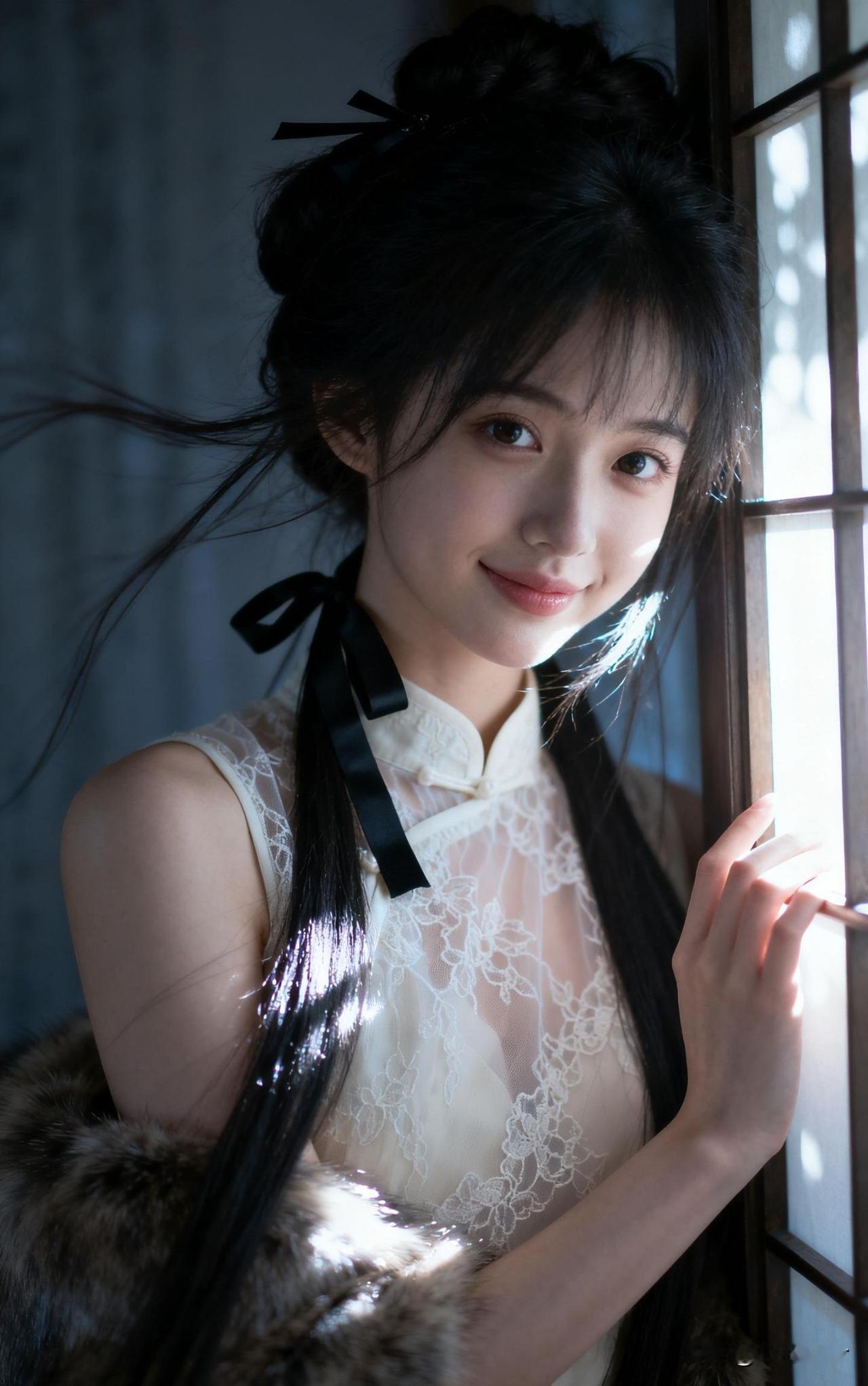 古典少女，窗前轻笑，时光静好。