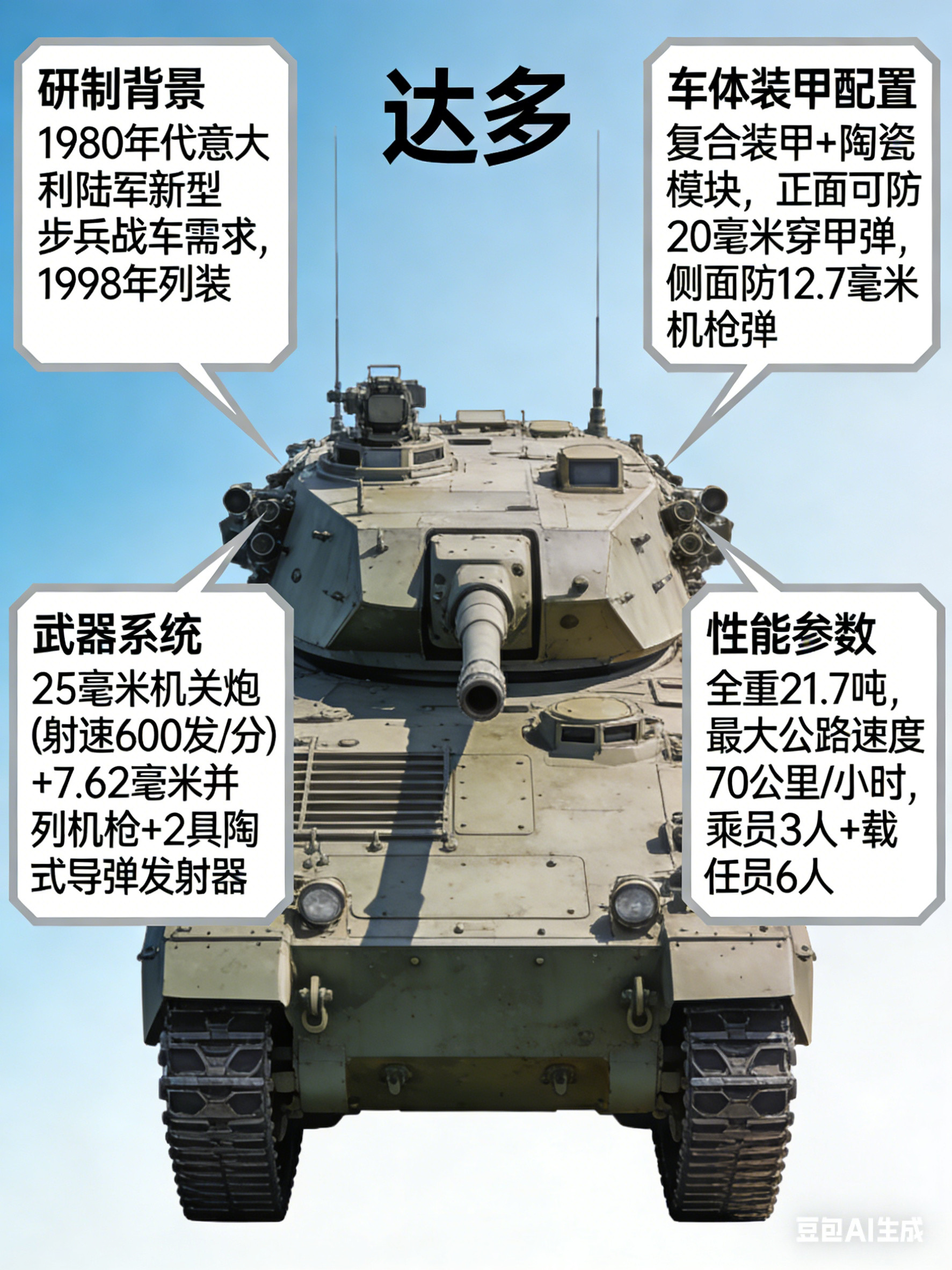 军事ai新视野意大利“达多”步兵战车“达多”（dardo）步兵战车是意大利于2