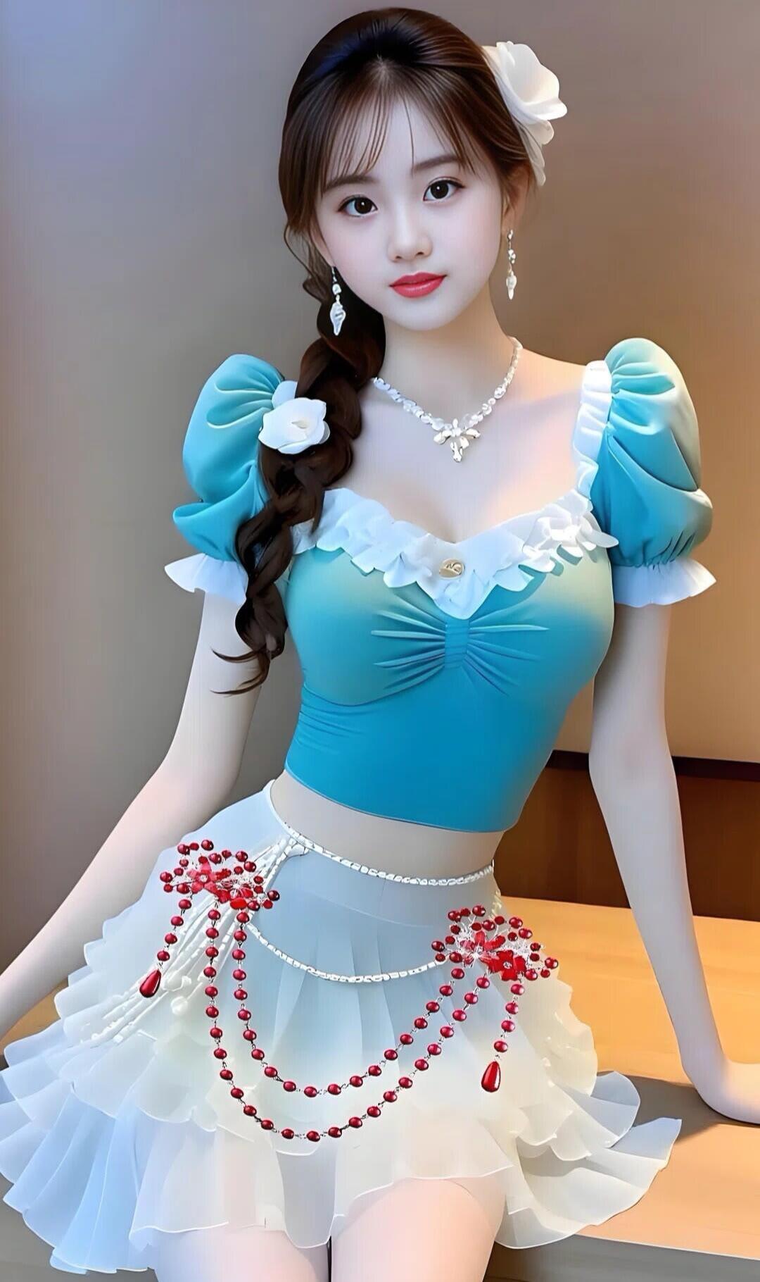 甜美公主风穿搭，蓝白相间，珍珠项链点缀，优雅动人！