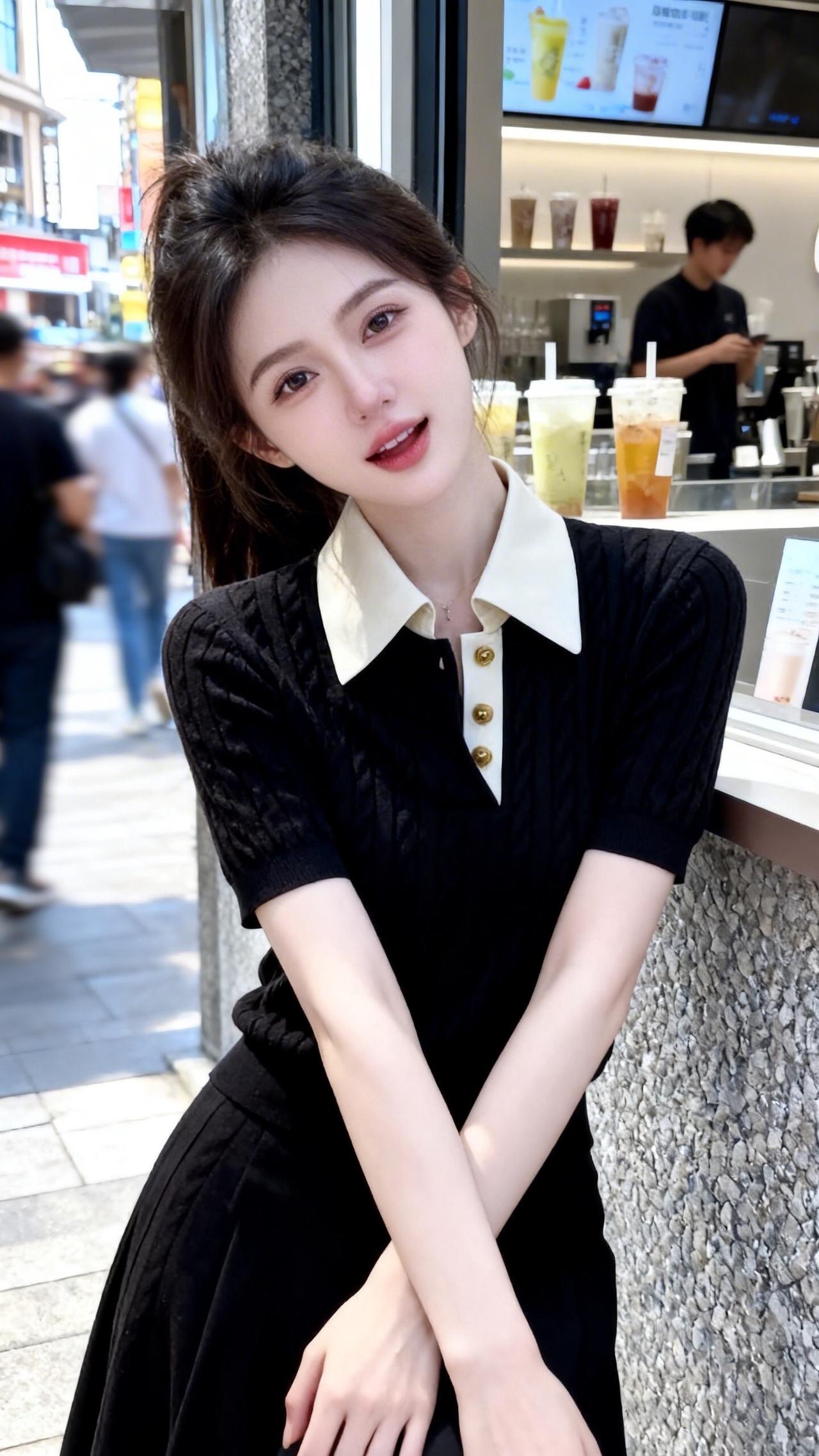 极简穿搭polo针织衫女款短袖针织韩系短袖百搭黑裙穿搭气质穿搭