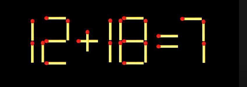 图中是火柴棒摆成的算式12+18=7，显然不成立。现在要通过移动**