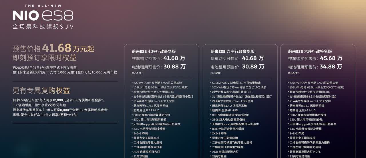第三代蔚来ES8，一个五米多长、有六座、七座的纯电SUV，在斌哥的技术发布会上刚