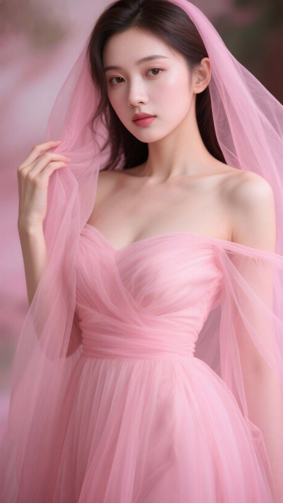 粉纱里的柔春意淡粉纱裙裹着轻软的雾，像把春日桃色揉作裙裾的褶皱。她指尖轻挑